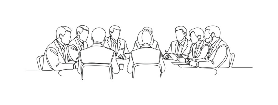 International Relations. Minimalistic one-line drawing diplomats from multiple nations seated together discussing agreements, continuous single black line on