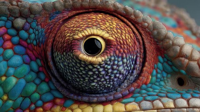 Exploring the eye of a chameleon to understand the beauty of its design and colors in nature