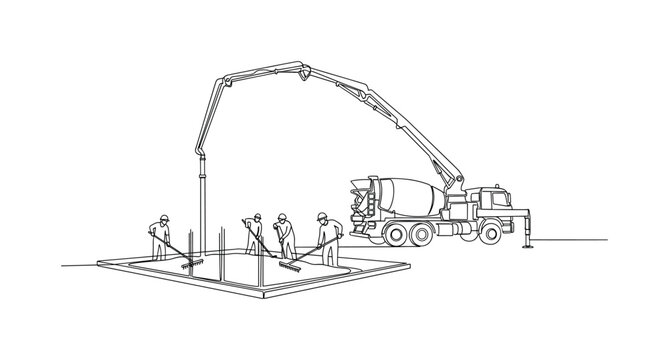 Concrete Placement Team. Minimalistic one-line drawing construction crew operating pump and distributing concrete, continuous single black line on white