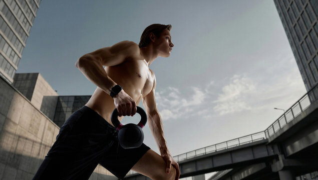 Muscular man training with kettlebell in urban city space low angle dynamic pose. Concept of strength workout, functional training, outdoor fitness routine, performance improvement, active lifestyle.