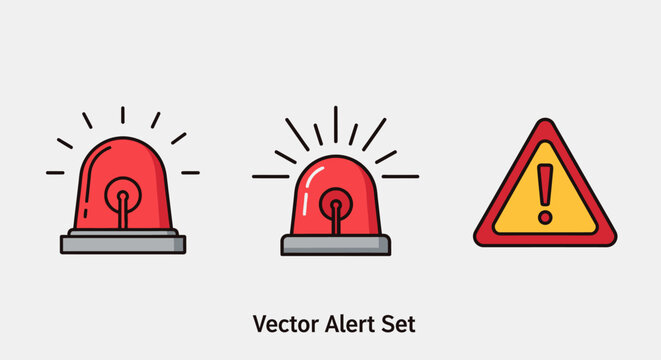 Vector Alert Set of Red Sirens and Yellow Warning Triangle Icons on an Isolated White Background.