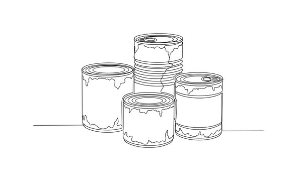 Old Rusty Cans. Minimalistic one-line drawing worn-out tin cans with rust, continuous single black line on white background, simple outline style, no shading,