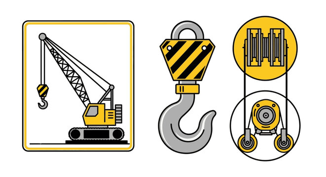 Yellow Construction Crane, Heavy Duty Lifting Hook, and Pulley Block System Icons on isolated white background