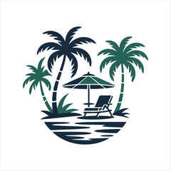 Obraz premium Tropical Beach Scene with Palm Trees Lounge Chair and UmbrellaMinimalist Vector Art
