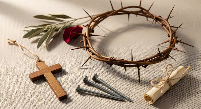 Christianity related ornaments such as crown of thorns, cross, nails etc on a wooden background with shadows shot in still life