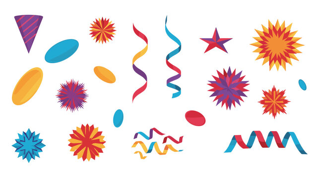 Colorful assortment of party decorations including spiraling streamers, bright confetti shapes, starbursts, and a festive party hat.