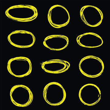 Yelllow Hand Drawn Circle Set on Black Background &ndash; Scribble Highlight Rings, Rough Sketch Circles for Annotation, UI and Design Elements.