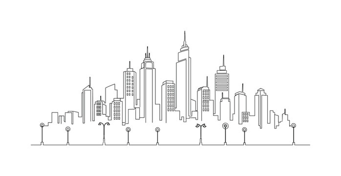 Night Cityscape. Minimalistic one-line drawing city skyline with streetlights and tall buildings, continuous single black line on white background, simple