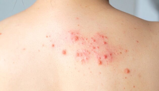 Close-up shot of the upper back reveals skin affected by an inflammatory condition. Numerous raised red bumps are clustered together