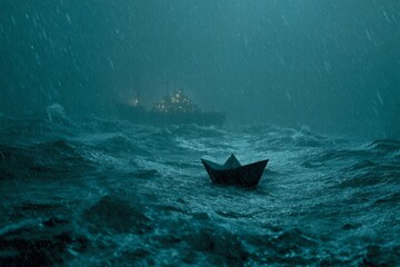 Fototapeta premium Stormy seas, unyielding hearts: chronicles of migration. Cinematic poster. Lightning strikes and waves crash: a cuban boat's perilous voyage. Thriller poster. Blockbuster poster.