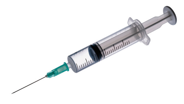 Sterile medical syringe with a slender metallic needle and clear plastic barrel, isolated on transparent background for healthcare concepts