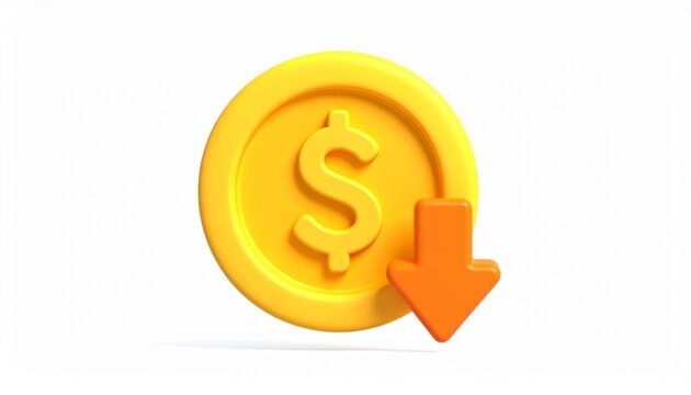 Cute 3D Coin with Down Arrow Icon for Financial Decline on White Background