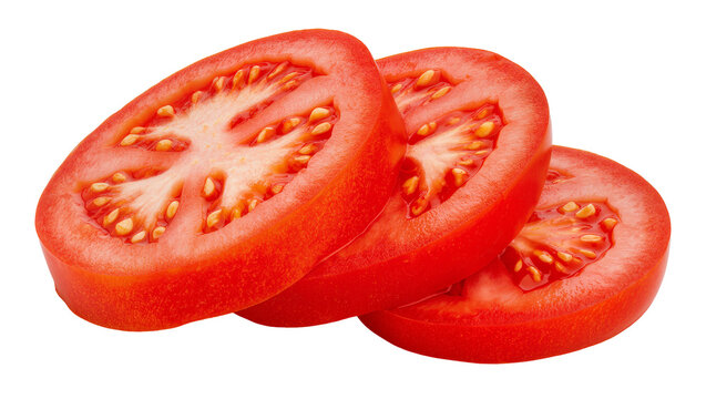 Vibrant juicy circular slices of ripe red tomato showcasing fresh seeds and textures, isolated on transparent background for culinary designs