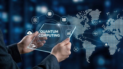 Obraz premium Quantum computing, technology, digital, networking, future, innovation, global connectivity concept where a person holds a transparent glass tablet showing futuristic high-tech icons.