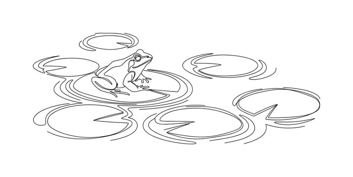Serene Pond. Minimalistic one-line drawing frog resting among lily pads with rippling water, continuous single black line on white background, simple outline