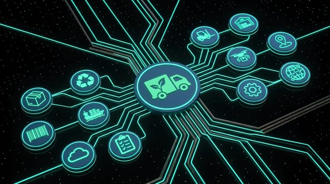 Green logistics, sustainable supply chain, eco-friendly transport, smart shipping, digital logistics, environmental technology, delivery network illustrating smart 3D icon ecosystem