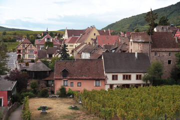 Scenic view of traditional French village with vineyards and historic architecture in Alsace