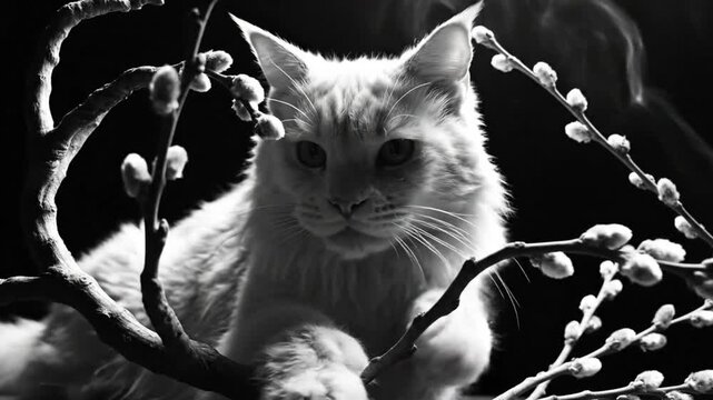 Black and white portrait of a fluffy white cat with pussy willow branches, moody and mysterious setting