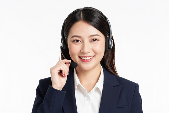 Happy young business woman call centre. Welcome female operator put on smalltalk headphone standing on isolated white background.
