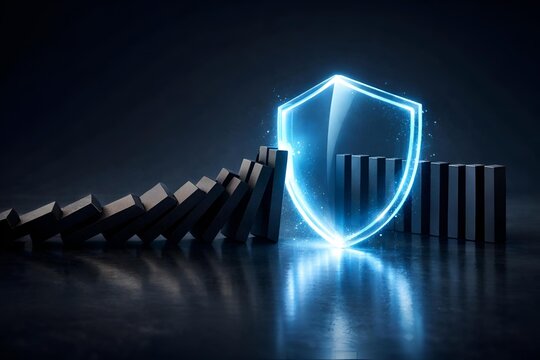 Falling domino chain stopped by glowing protective shield symbolizing risk management, data protection, cyber security, threat prevention, insurance and business continuity