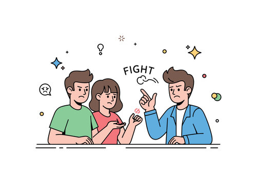 Fight between friends disagreement at home concept where friends gesticulate while standing in a room with furniture around while tiny sparkle and star icons