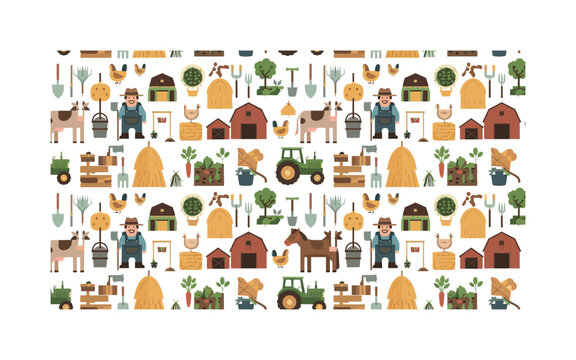 rural motifs seamless pattern, repeating pattern, surface design, textile print, modern illustration of farmers, barns, cows, horses, chickens, tractors,
