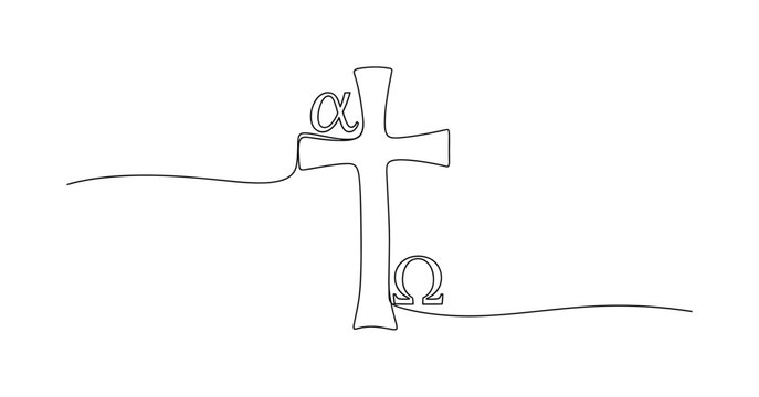 Alpha Omega Cross. Minimalistic one-line drawing cross with alpha and omega symbols, continuous single black line on white background, simple outline style, no