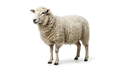 Fototapeta premium Isolated sheep with white wool standing against a clean white background