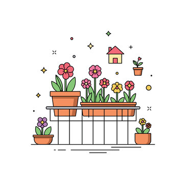 Spring flowers balcony garden concept where potted spring flowers brighten a terrace while tiny sparkle and star icons highlight home gardening, color, and