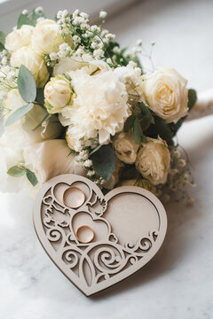 newlyweds wedding rings on a wooden heart-shaped stand