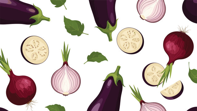 Seamless vegetable pattern featuring whole and sliced eggplants and red onions on a white background for a fresh look.
