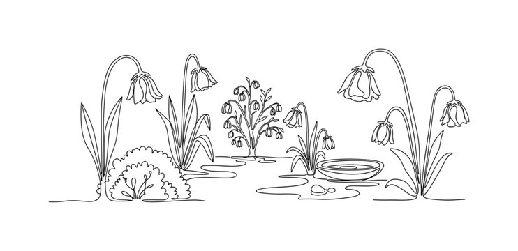 Wilted Garden. Minimalistic one-line drawing drooping flowers across a garden scene, continuous single black line on white background, simple outline style, no