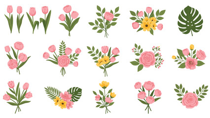 Obraz premium Large set of fifteen floral elements including various pink and yellow bouquets, single tulips, and tropical leaves.