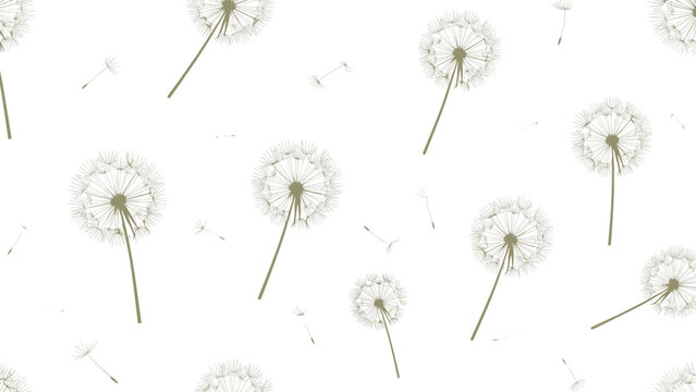 Minimalist seamless pattern featuring delicate beige dandelion seed heads and floating seeds on a white background.