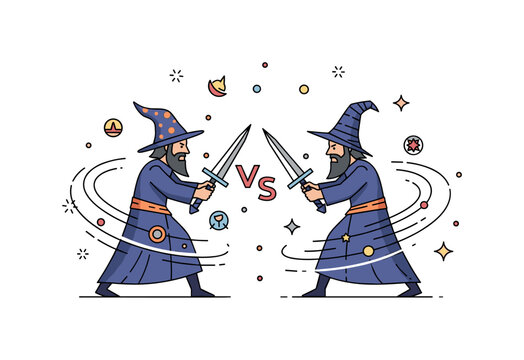 Evil sorcerers spell duel concept where two dark mages face each other with magical energy swirling while tiny sparkle and star icons highlight conflict,