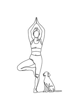 Yoga with Furry Friends. Minimalistic one-line drawing person in tree pose with dog nearby, continuous single black line on white background, simple outline