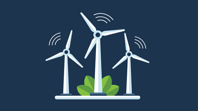 Three white wind turbines generating clean energy with green leaves at their base over a dark blue background for nature.