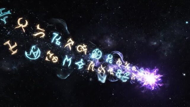 Abstract celestial animation of zodiac symbols and a star in deep space