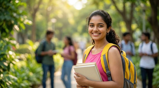 young indian college girl holding books and backpack standing at collage campus