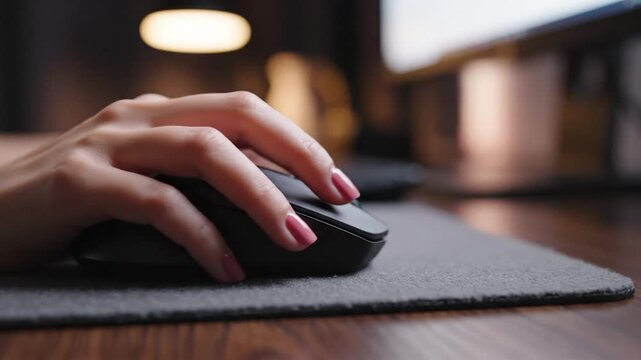 A person's hand with manicured nails operates a computer mouse on a desk with a blurred background