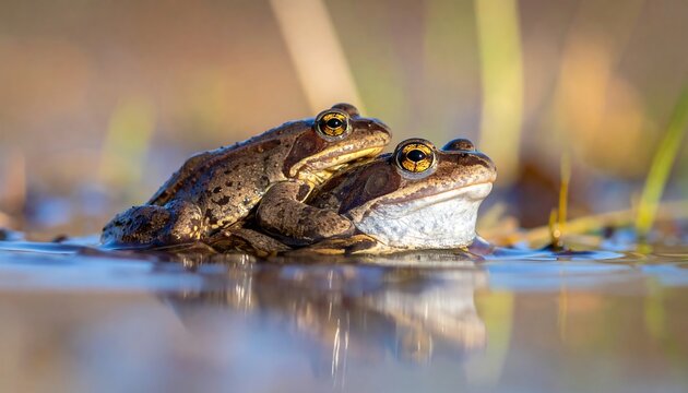 Close-up of two frogs mating in shallow water with vibrant colors and focused detail on their eyes and skin