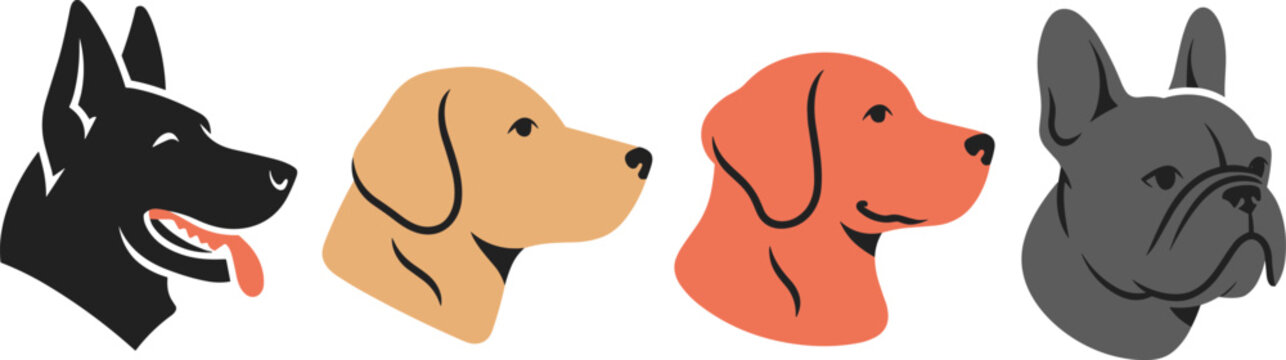Stylized vector illustrations of four dog heads in profile view, colorful design representing German Shepherd, Labrador, Retriever, and Bulldog breeds