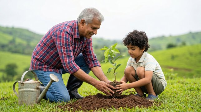 happy indian grand father and grand son doing plantations at outdoor