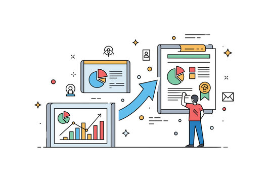 Successful campaign strategic planning success scene where charts and plans lead to positive results while small sparkle and line icons emphasize foresight,