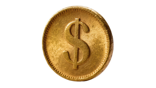 Antique gold dollar coin with embossed dollar sign showing signs of wear and age, isolated on transparent background for financial graphics
