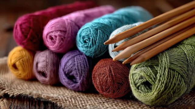 Colorful yarn balls and knitting needles on burlap during a crafting session at home
