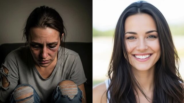 Consequences of drug use, alcohol abuse, addiction's despair, suffering, contrast to healthy lifestyle, vibrant wellness, happiness, positive choices