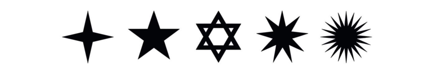 Obraz premium Star shapes icon set. four-point star, five-point star, hexagram, multi-point burst, sunburst, celestial, decorative, navigation, rating. flat vector illustration isolated on white background.