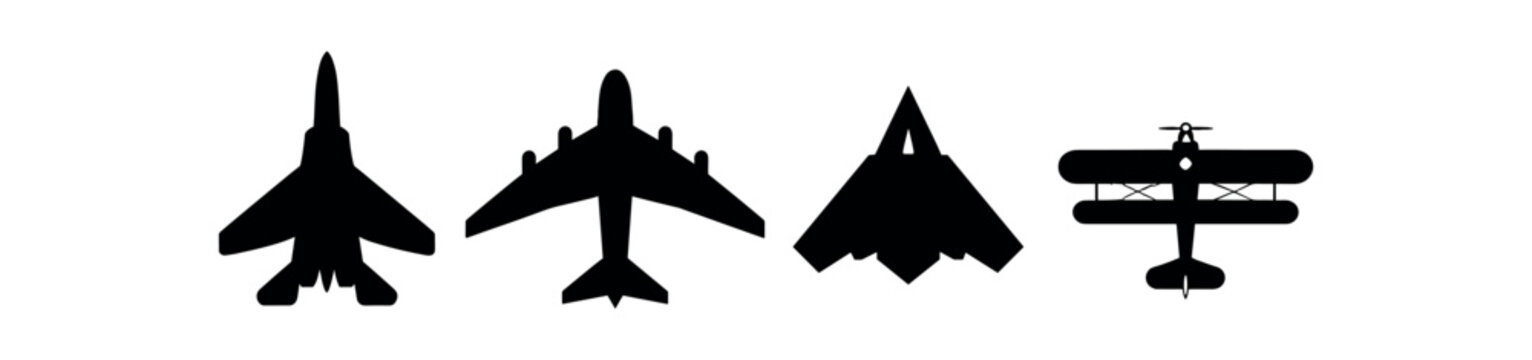 Military aircraft silhouettes icon set. fighter jet, transport plane, stealth bomber, biplane, aviation, warplane, airforce. flat vector illustration.