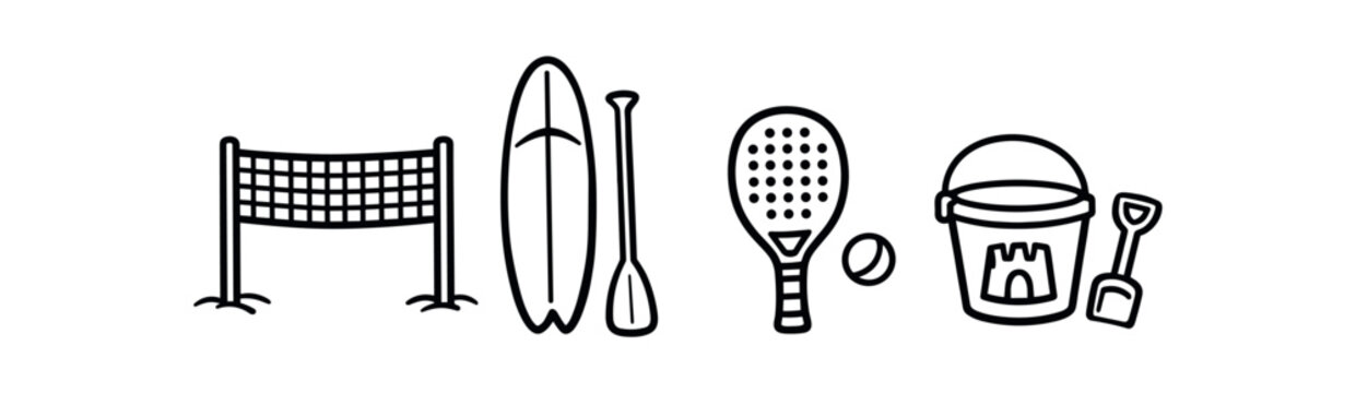 Beach and paddle sports icons set. beach volleyball net, surfboard and paddle, paddle racket and ball, sand bucket and shovel. line and flat vector icon set.